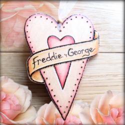 Personalized wood heart scroll banner - handcrafted and wood burnt